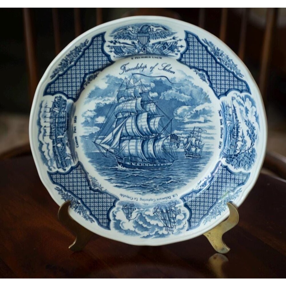 Blue Willow Transferware Dinner Plate: Fair Winds Friendship of Salem, Meakin